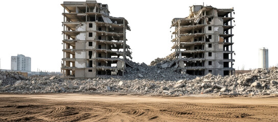 Two partially demolished concrete apartment buildings stand amidst large piles of gray rubble on a cleared dirt foreground with a distant building visible Destruction Ruins Debris Construction site