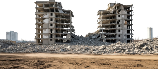 Two partially demolished concrete apartment buildings stand amidst large piles of gray rubble on a cleared dirt foreground with a distant building visible Destruction Ruins Debris Construction site