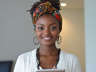 Smiling businesswoman using tablet PC at office