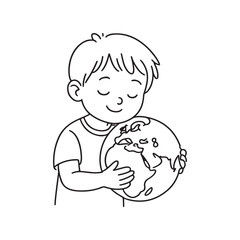 Line Drawing of Child Holding Globe with Calm Expression on White Background