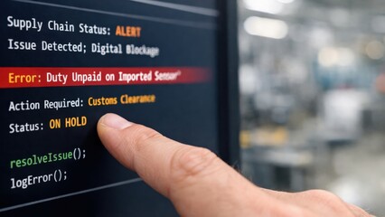 Import Tariffs policy impact concept. Supply chain alert with digital issue displayed on a screen.