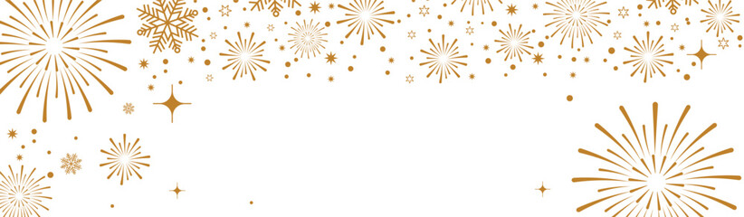 Festive golden Christmas and New Year background with hanging star ornaments, snowflakes and fireworks on white, elegant holiday banner for seasonal greetings, invitations and celebrations.