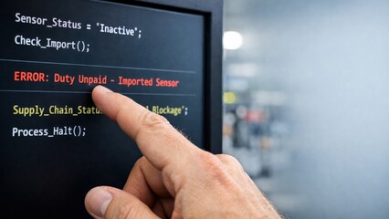 Import Tariffs policy impact concept. Error message displayed on a computer screen with a pointing finger.