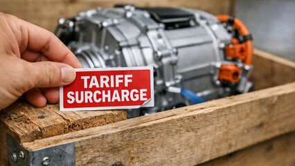 Import Tariffs policy impact concept. Hand holding a tariff surcharge label near machinery in a crate.