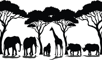 African wildlife silhouettes, elephant, giraffe, rhino, gorilla, savanna trees, acacia, nature, safari animals, black vector, landscape, ecosystem, clipart © Asad Creative
