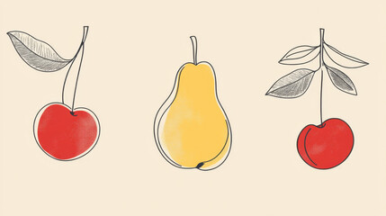 Hand drawn ink sketch and watercolor stain fruits seamless pattern.