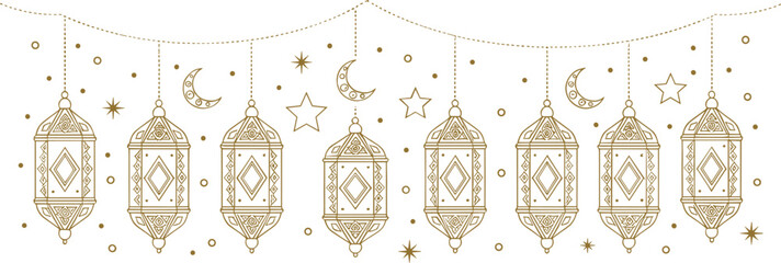 Elegant Ramadan lantern garland vector illustration with hanging Arabic lamps crescent moons stars and festive Islamic decor © Sumon Creative