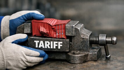 Import Tariffs policy impact concept. A hand holding a vise compressing objects labeled "tariff.
