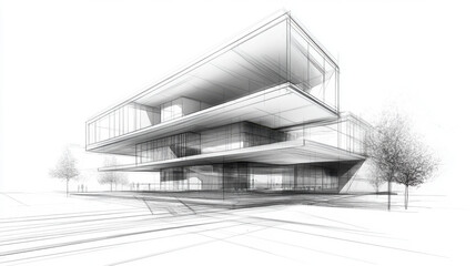 Modern Architecture building construction perspective design, building sketch line drawing on white background