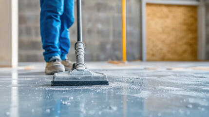 worker cleaning a floor with a vacuum, demonstrating cleanliness and attention to detail in a construction site