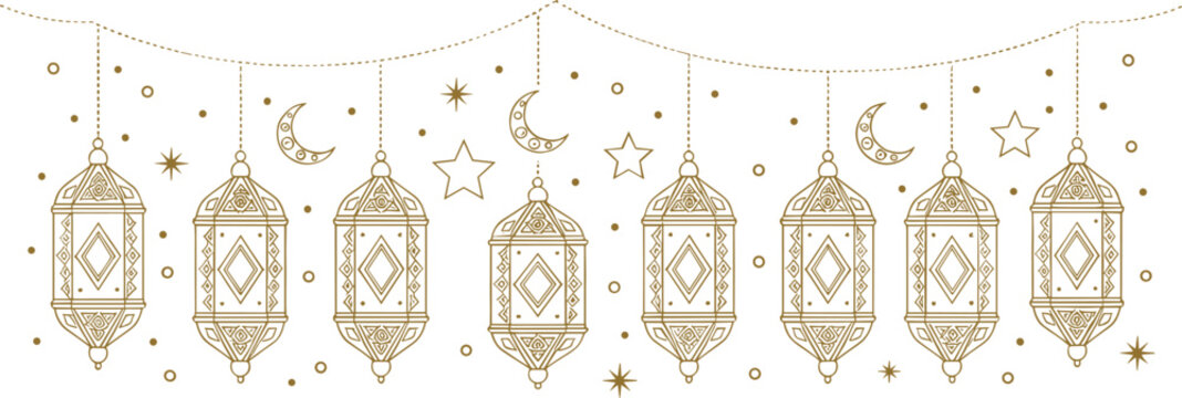 Elegant Ramadan lantern garland vector illustration with hanging Arabic lamps crescent moons stars and festive Islamic decor