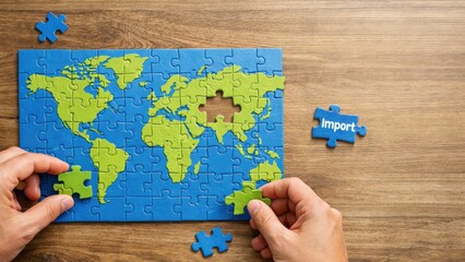 Import Tariffs policy impact concept. Puzzle of the world map with a missing piece and hands assembling it.