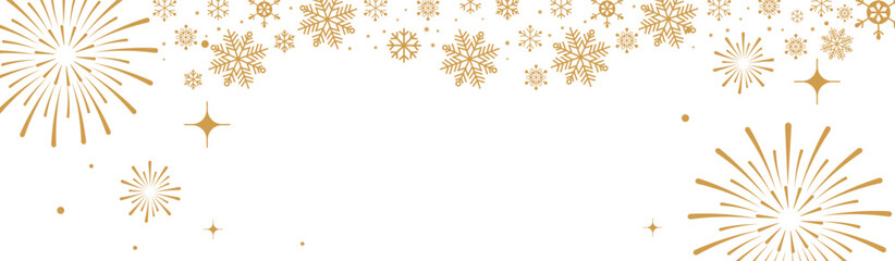 Festive golden Christmas and New Year background with hanging star ornaments, snowflakes and fireworks on white, elegant holiday banner for seasonal greetings, invitations and celebrations. © bibin