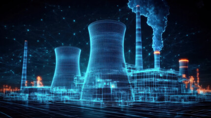 digital art rendering of the nuclear power plant with blue glowing accents