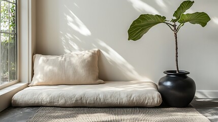 modern living room interior with sofa, glass window and unique flower pot 