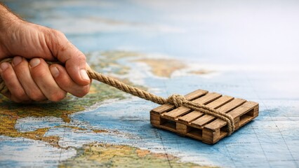 Import Tariffs policy impact concept. Hand pulling a wooden pallet on a world map, symbolizing logistics and travel.