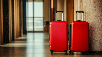 Two suitcases in an empty airport hall, traveler cases in the departure airport terminal waiting for the area