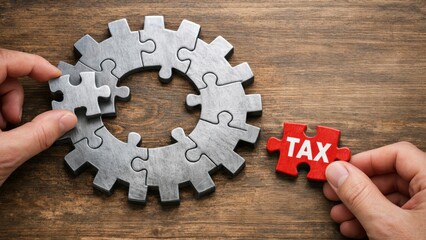 Import Tariffs policy impact concept. Puzzle pieces forming a gear with a tax piece being added.