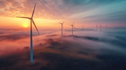 Obraz premium Aerial view of wind turbine sunrise in forested with fog . Sustainable development
