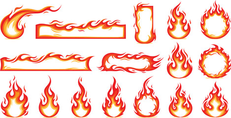 Fire flames vector illustration set with burning elements fire frames borders and realistic cartoon flame effects © Sumon Creative