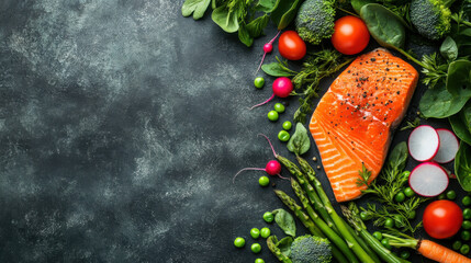 Salmon Trout Fish Steak in a vintage wooden plate with thyme and rosemary. Dark background. Top view.