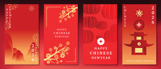 Happy Chinese New Year vector poster set with lantern, temple, fireworks and geometric pattern in red and gold gradient background. Festive design for cards, banners and invitations. © TWINS DESIGN STUDIO
