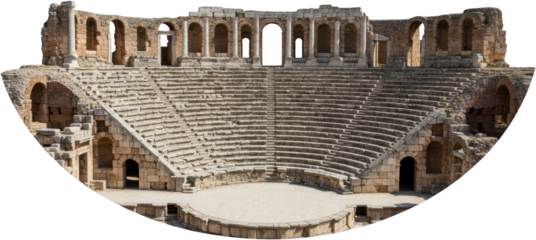 Ancient stone amphitheater seating tiers rising towards a ruined stage backdrop featuring arches and weathered columns under bright daylight 195 characters Seats Architecture Historical