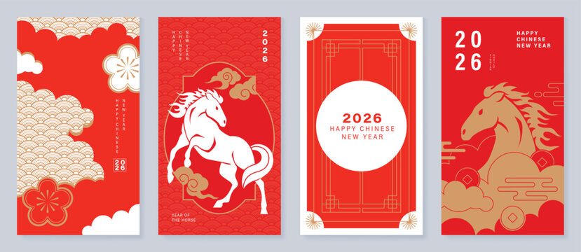Happy Chinese New Year 2026 vector poster set with horse, plum blossom and cloud pattern in red and gold. Festive lunar holiday design for greeting cards, banners, invitations and prints.
