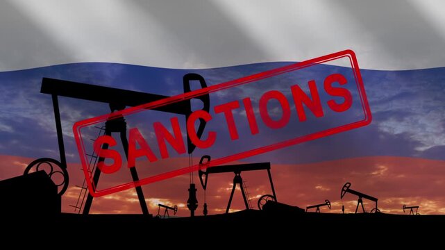 Sanctions, embargo on Russian gas and oil. Crude oil production. Oil Pumps silhouettes on sunset and russian flag background. Oil import and export concept. Seamless loop video.