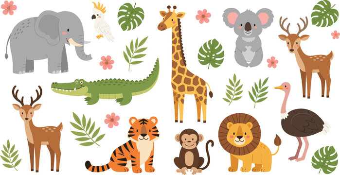 Cute wild animals vector illustration set with safari jungle creatures leaves flowers and cartoon characters