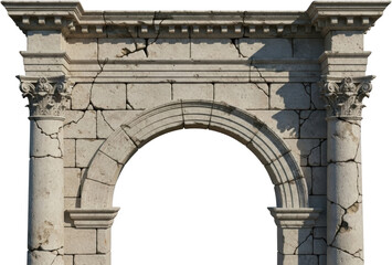 Ancient stone archway structure featuring detailed Corinthian columns and weathered cracked blocks suggesting ruin or historical architecture Stone Blocks Capital Facade Entryway Monument