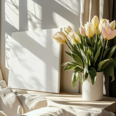 Modern Villa Mock Up Frame in Home Interior, Scandi-boho Beige Neutral Syle