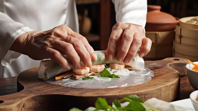 Chef Preparing Spring Rolls with Fresh Ingredients.