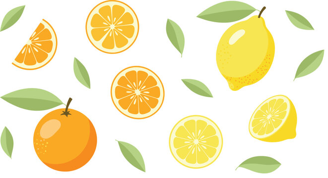 Fresh citrus fruits vector illustration with oranges and lemons slices leaves flat style on blue background