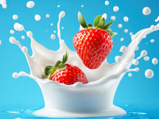 Milk Splash With Strawberry On Blue Background