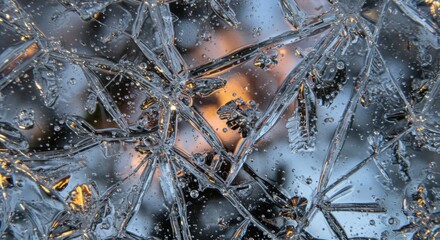 Crystalline ice structure captures warm light reflecting through frozen formation