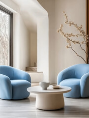 Japandi and minimalist interior living room with  blue chairs and coffee table