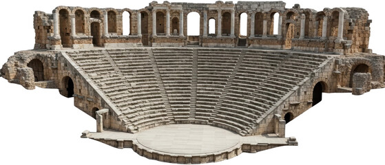 Ancient stone amphitheater seating tiers and stage structure display weathered Romanesque architecture ruins under bright sunlight isolated on black Historical Classical Stone tiers