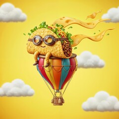 Smiling taco wearing goggles rides colorful hot air balloon through sunny sky with clouds