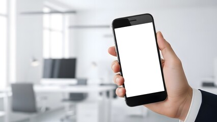 Hand holding smartphone in office