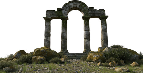 Ancient stone ruins featuring a moss covered classical archway supported by three weathered Doric columns stands amidst rough sunlit ground with scattered rocks and low green shrubbery