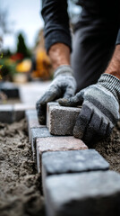 Close-up of Construction Worker Placing Concrete Paving Stones on Sand