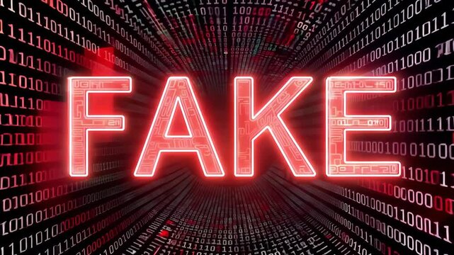 Neon red text displaying the word fake stands prominently against a backdrop of black and red binary code. the image symbolizes digital deception, cybersecurity threats, and the importance of informat