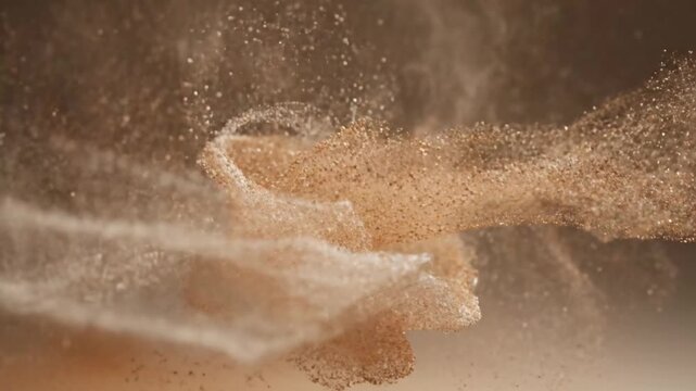 Close-up shot of sand pouring down in a warm, golden light with a shallow depth of field and soft focus, creating a dreamy atmosphere.