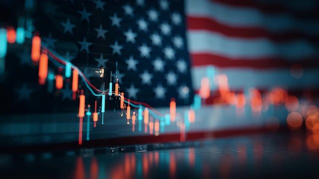米国旗背景の下落と反発の値動き表示チャート