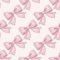 Vector seamless coquette pattern with soft pastel pink bows on light pink background