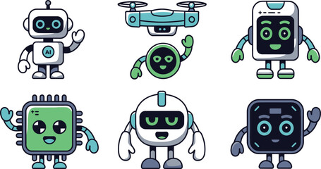 Cute Kawaii Cartoon Robot Characters Set in Flat Vector Style With Thick Outlines
