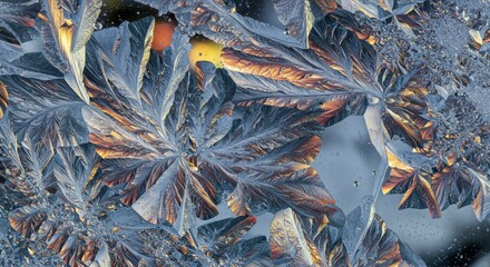 Crystalline structures display intricate, feathery patterns illuminated with warm and cool tones.