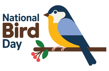 Obraz premium Blue Bird Perched on Branch with Berries on National Bird Day