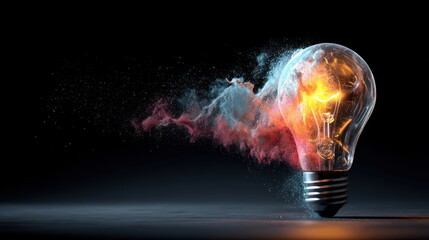 Creative light bulb bursting with colorful smoke and sparks in a dark background setting Generative AI